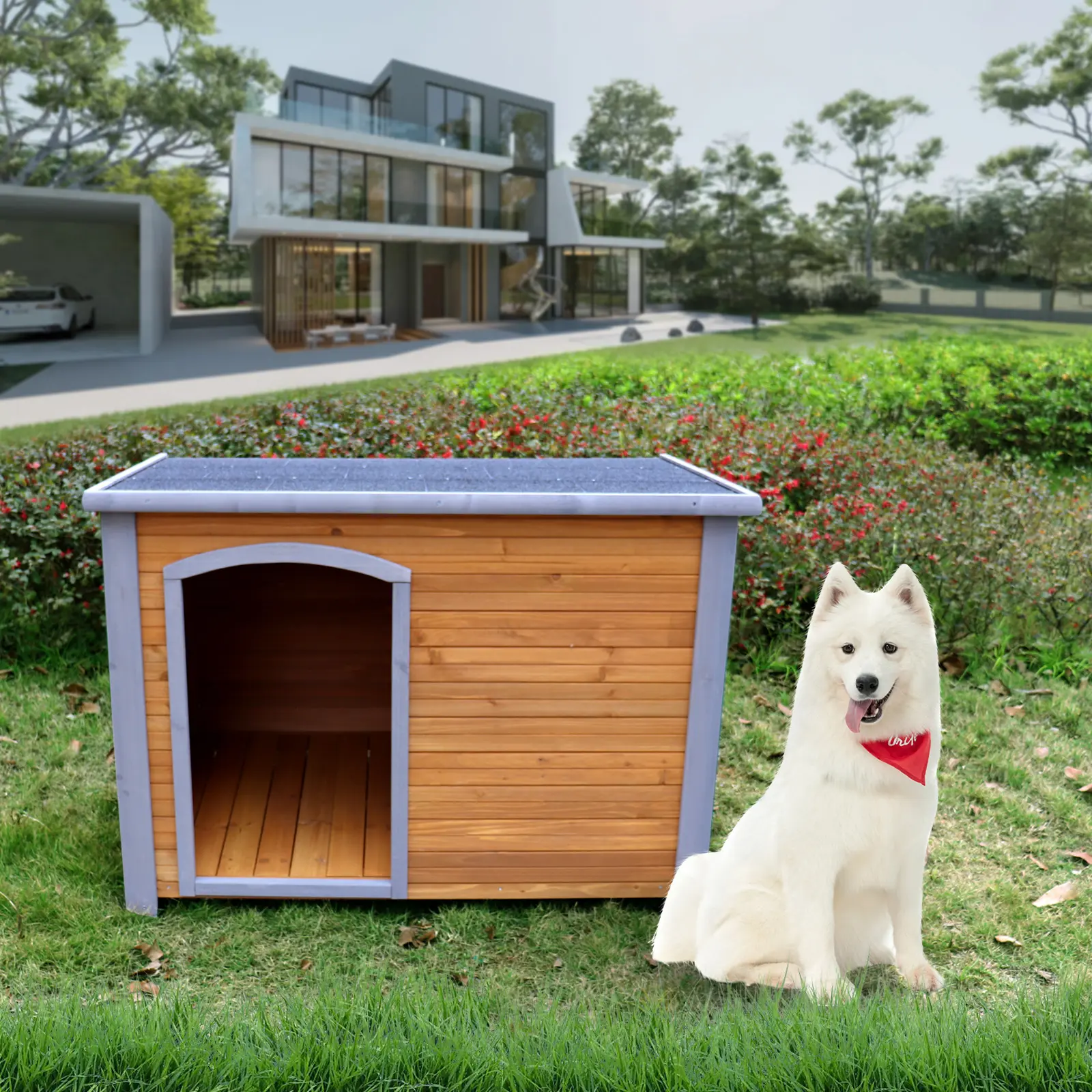 Spacious Solid Wood Dog House, Weatherproof Indoor Outdoor Shelter with Elevated Base, Natural Finish, 31.9W x 44.5D x 32.7H Inches