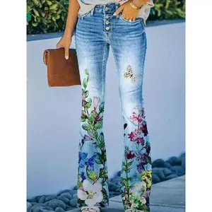 Elegant Style Women’s Floral Print Flared Jeans | Casual Bell-Bottom Denim Pants | Polyester Stretch Fabric | Machine Washable & Dry Clean Safe | Trendy Streetwear for Spring/Autumn | Vibrant Multicolor Design, Casual Streetwear | Trendy Casual Pants |