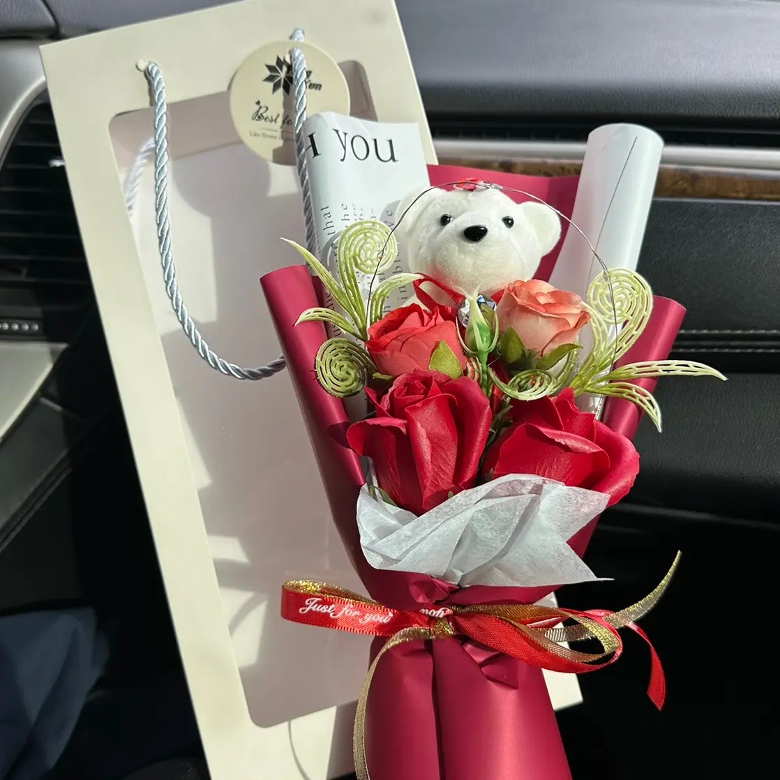 Birthday / Anniversary for Boyfriend, Girlfriend, Mom, Dad, Sister, Brother, Friend Artificial Rose Bouquet with Teddy Bear and Clear White Bag