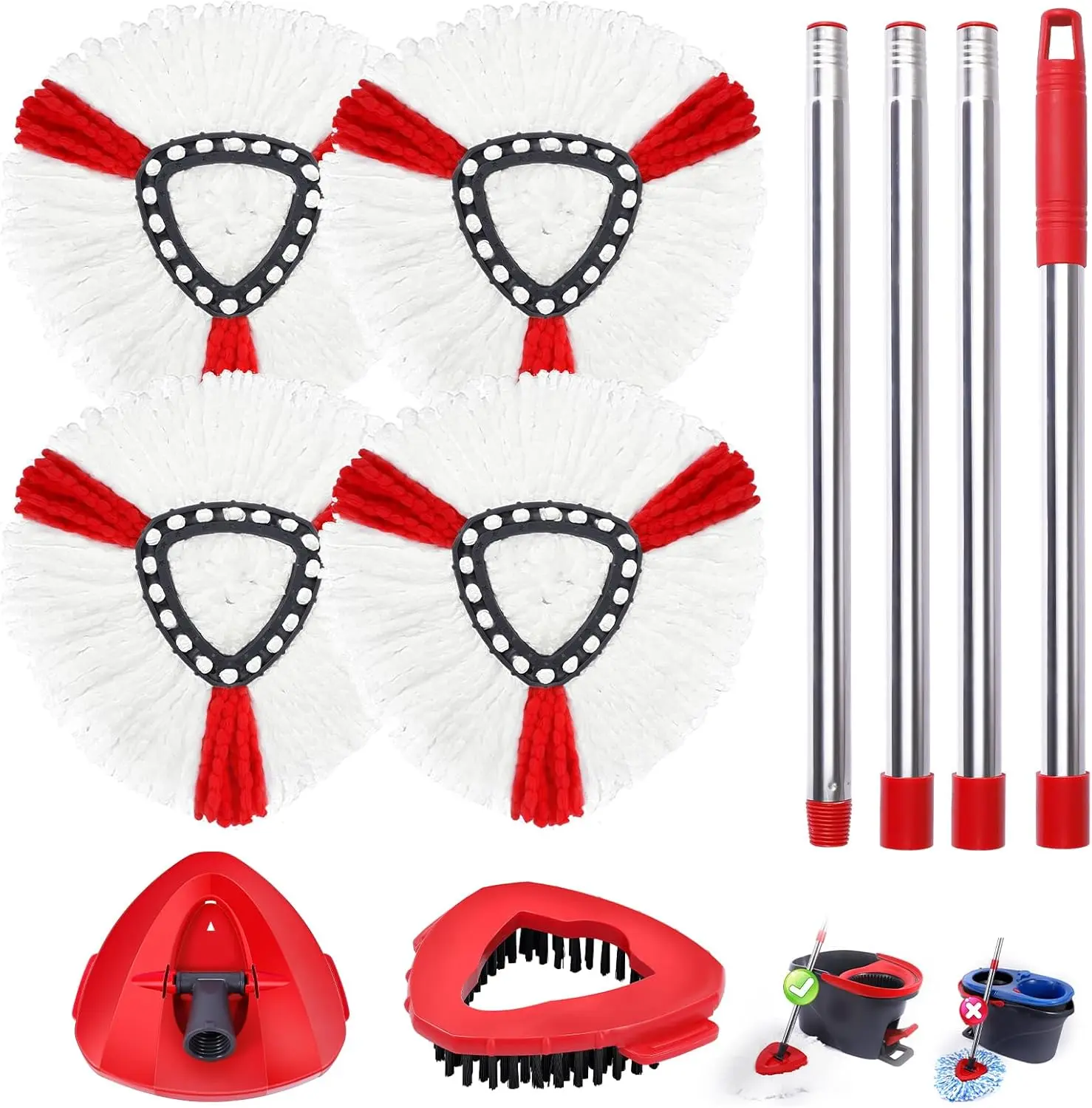 Oceda 4-Piece Triangle Mop Heads Replacement Set - Machine-Washable Microfiber Spin Refills with Bristle Scrubber Base, Removable Pads, Handles & Microfiber Towel for Kitchen, Tub Cleaning (Brush Compatible)