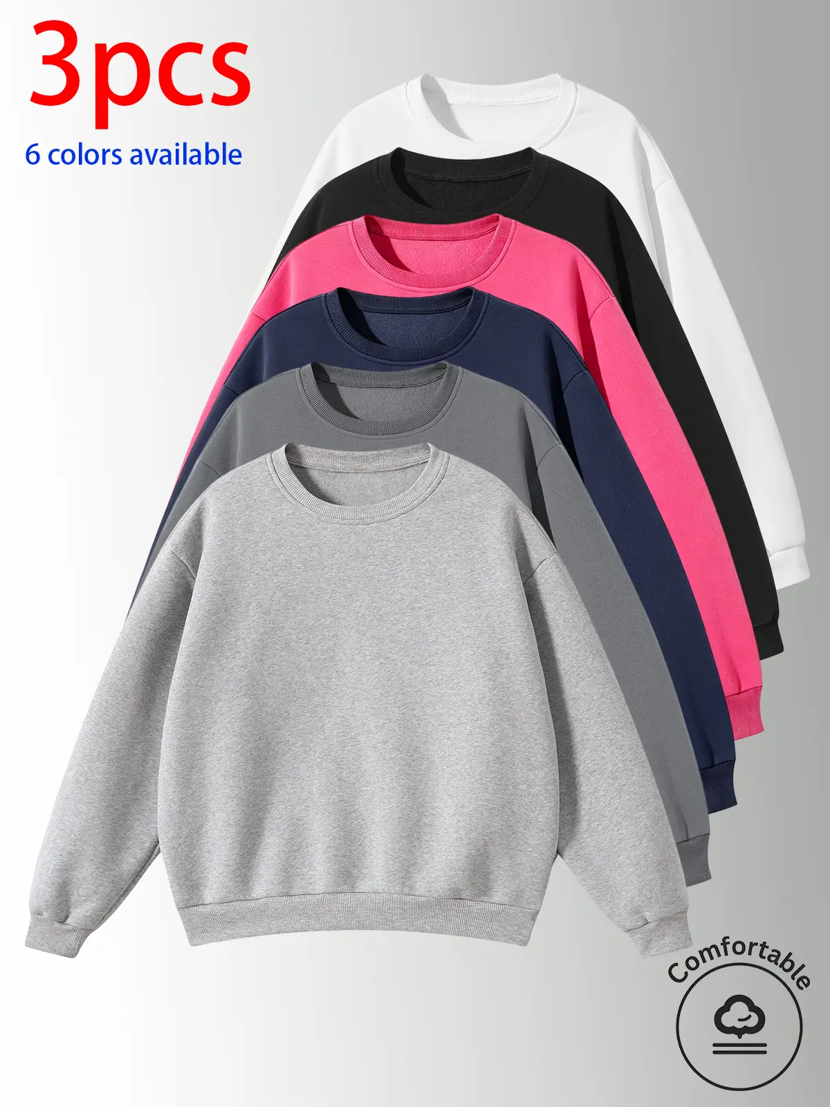 3-pack men’s sweatshirts, men’s casual tops. Loose drop-shoulder long-sleeve pullover sweatshirt with a crew neck—flattering, slimming, and versatile. Available in multiple colors; simple solid-color design that’s versatile—suitable for home, commuting, s