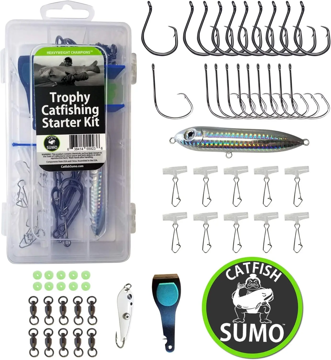 Complete Catfish Rig Tackle Set | Trophy Catfishing Kit with 8/0 Circle Hooks, Storage Box, Sinker Sliders, Knot Protectors, Swivels, Rattling Line Float, Nippers and Decal