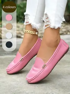 Women's Classic Multicolor Flat Shoes, Stylish Comfortable Casual Footwear, Slip on Flats, Chic Design with Metallic Chain Decoration, Pu Leather Loafers