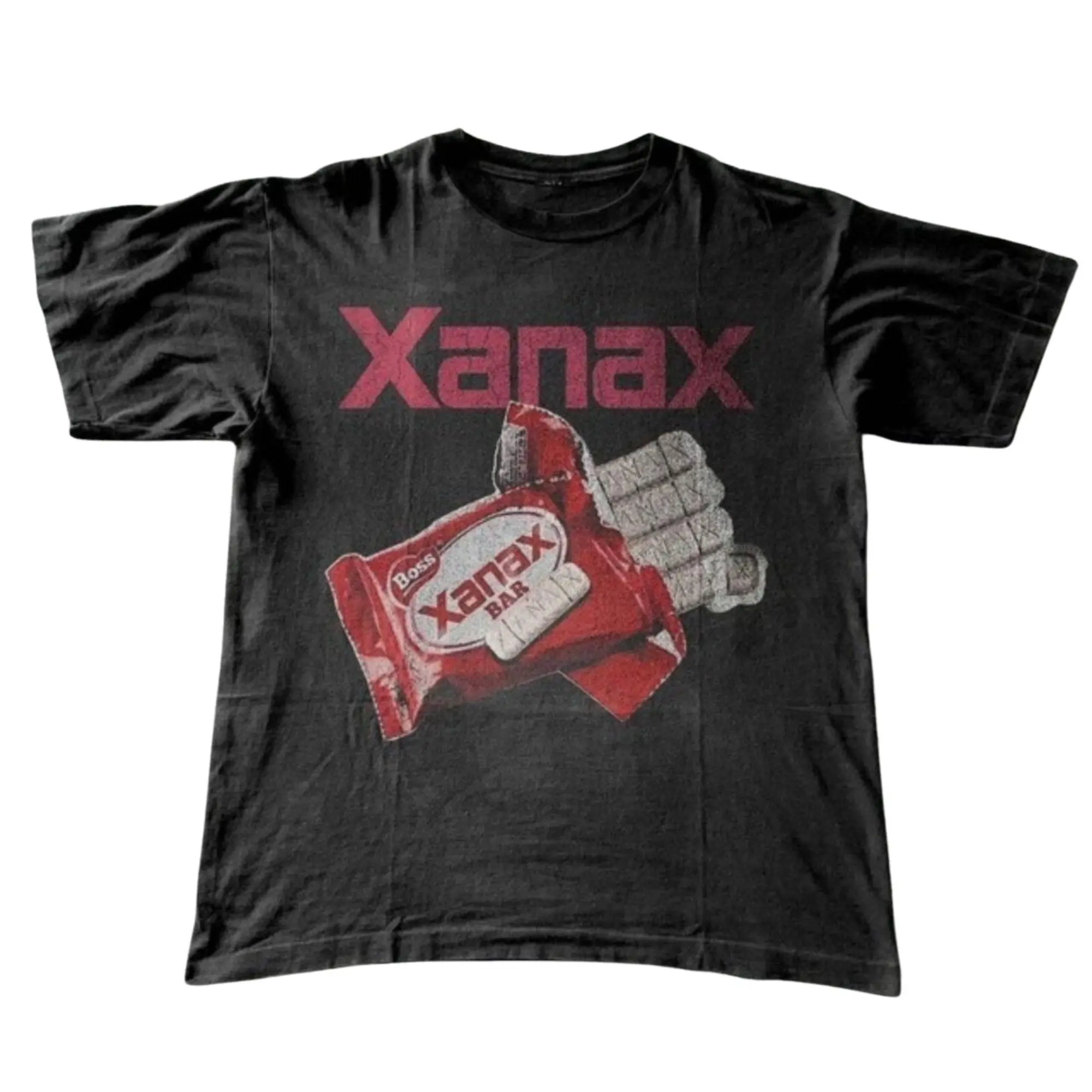 Funny Xanax Bar Candy Parody Logo Graphic T-Shirt, Distressed Red Wrapped Chocolate Bar Spoof Stencil Print with Bold Red Typography, Unisex Faded Black Streetwear Tee, Satire Outfit