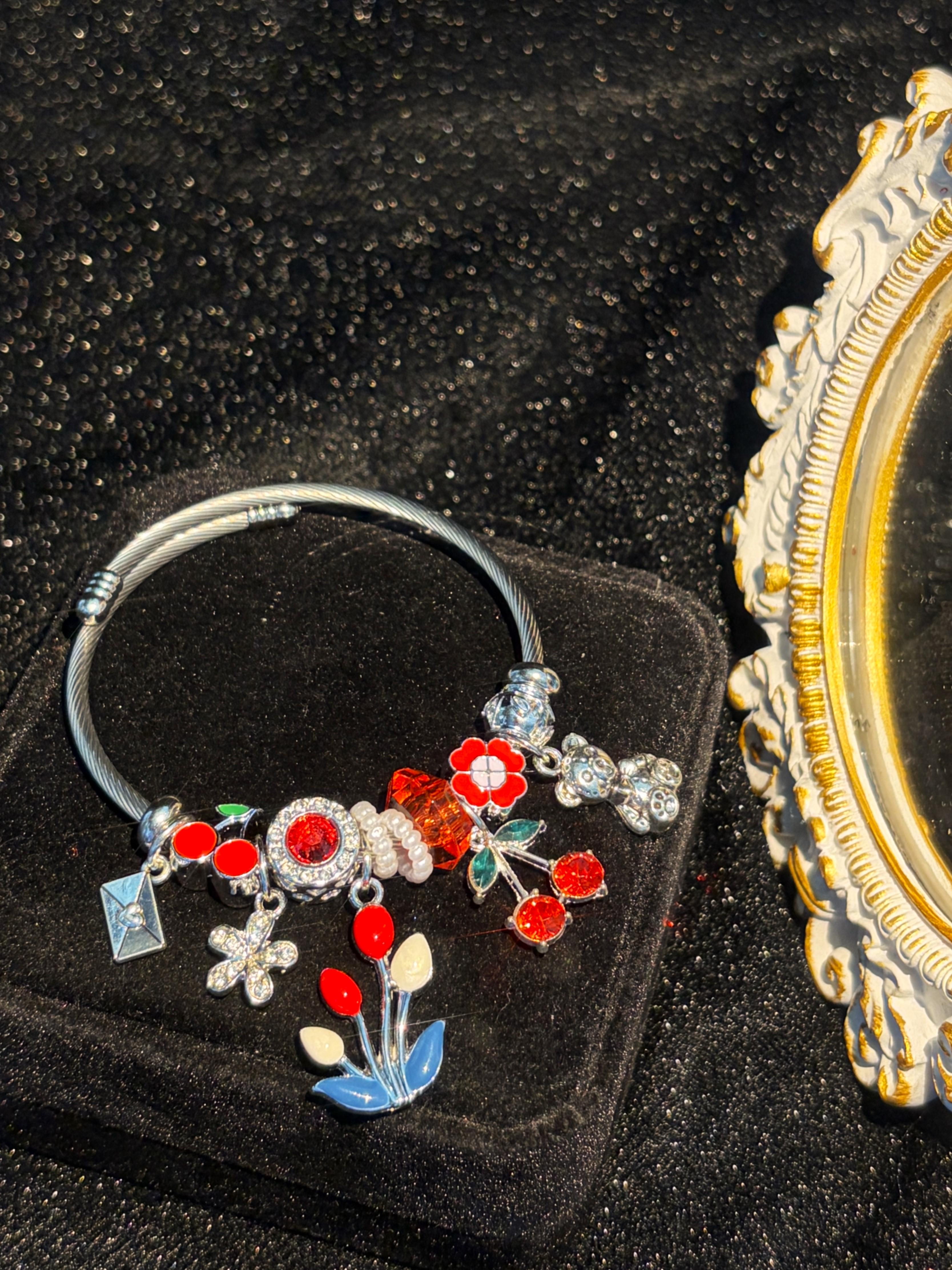 Open Bangle Bracelet, Cherry Tulip Flower Bear Enamel & Sparkling Crystal Dangle Charms, Cute Colorful Statement Jewelry Gift for Women Open Bangle Bracelet, Cherry Tulip Flower Bear Enamel & Sparkling Crystal Dangle Charms, Cute Colorful Statement Jewelry Gift for Women