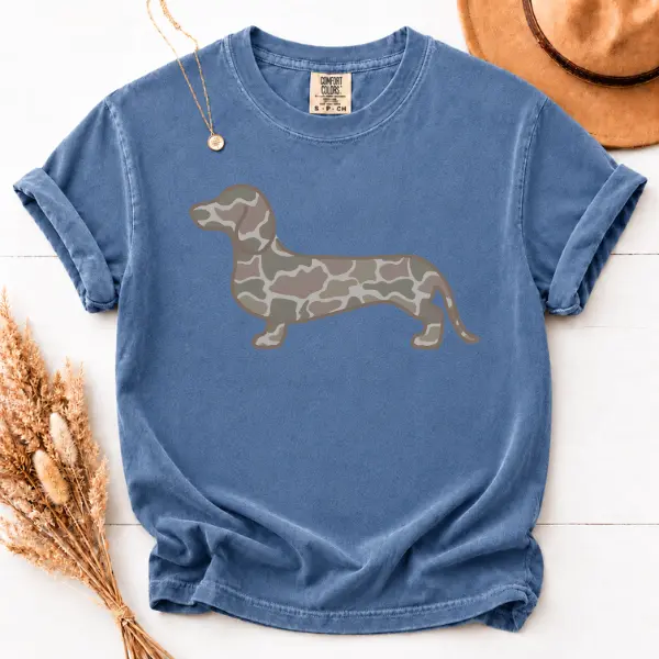 Comfort Colors T-Shirt Camo Dachshund Graphic Tee, Wiener Dog Lover Shirt, Minimalist Doxie Silhouette Unisex Tee