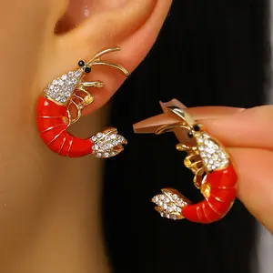 Rhinestone Red Shrimp Stud Earrings, Novelty Crawfish Jewelry for Seafood Boil
