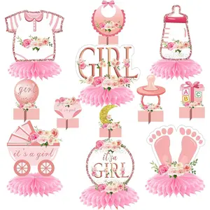 12Pcs Pink Rose Gold Baby Shower Decorations Honeycomb Centerpieces for Girls, Floral It's a Girl Gender Reveal Table Centerpiece Party Supplies, Baby Girl Pregnancy Announcement Table Topper
