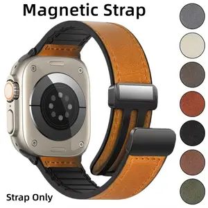 Magnetic silicone leather strap, Smart watch straps, Compatible With iWatch Band 46mm 49mm 45mm 44mm 42mm 40mm artificial Leather+ Silicone Hybrid Magnetic Folding Buckle Replacement Loop Sports Strap For apple Watch Series Ultra 11 10 9 8 7 6 5 SE
