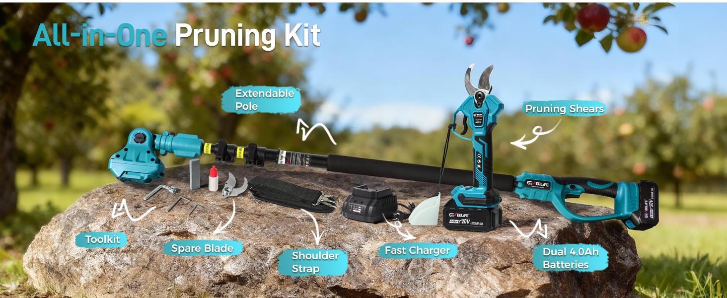 GEVEELIFE 2-in-1 Electric Pruning Shears Cordless, 1.6" Cutting Diameter, Electric Tree Pruner with 12.8Ft Reach Extension Pole, 2×4.0Ah Battery Powered Pole Pruner for Tree Trimming