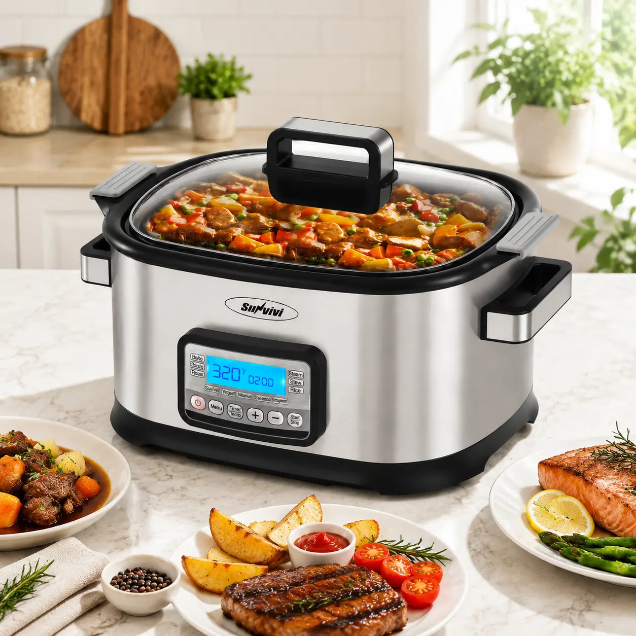 Sunvivi 11-in-1 6.5QT Silver Digital Programmable Stainless Steel Roaster Oven - Instant Multi Cooker, Multifunction Rice Cooker, Rack, Removable Nonstick Crock, Glass Lid, Timer, Temp Control, Delay Start