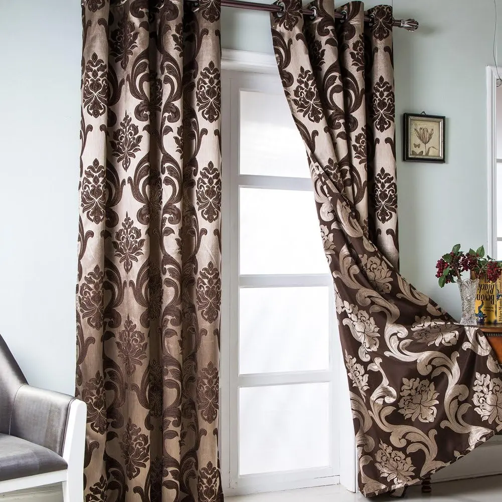 Brown Curtains for Living Room, Jacquard Curtain Drapes for Windows 84 Inch Length, Grommet Damask Curtains for Bedroom (2 Panels, Each 52 x 84 Inches)