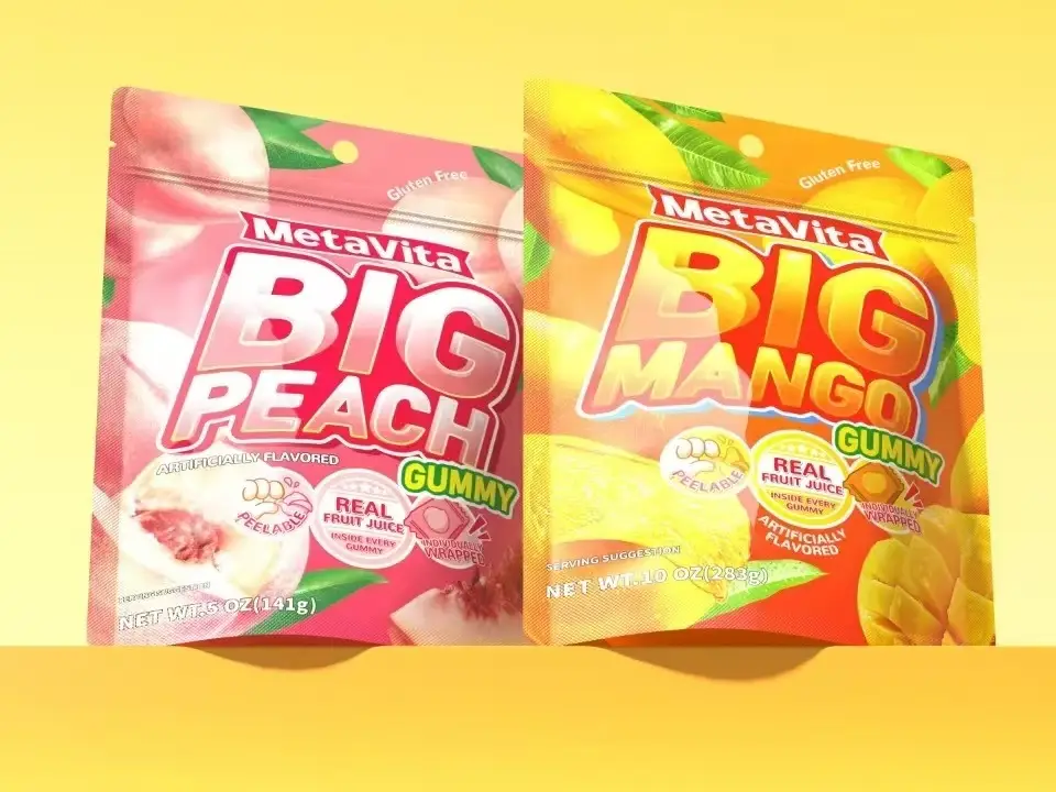 MetaVita Big Mango & Peach Gummy - 5oz (141g) Big Bag, 20 Individually Wrapped Juicy Pieces, Peelable, Chewy, Real Fruit Flavor, Novelty Candy for Kid
