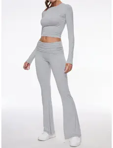 Women's 2-Piece Lounge Sets Long Sleeve Cropped Top Fold-over Flare Pants Casual Comfy Trousers for Daily Wear Casual Summer Outfits airport fit
