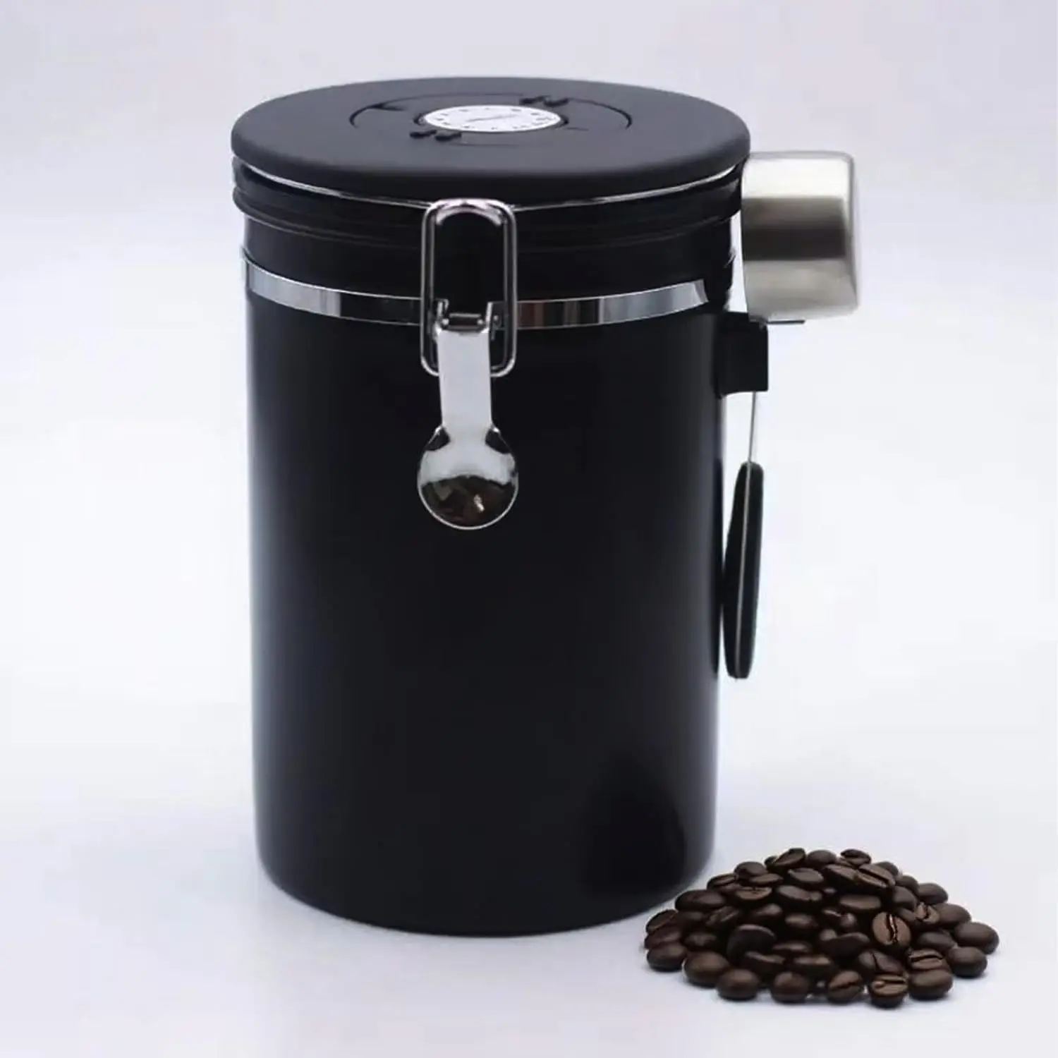 Airtight Coffee Canister 22oz,1800ML - Stainless Steel Container with 2 tbsp Scoop& Date , Black - Coffee Beans, , Sugar, Flour, Cereal - Pantry & Coffee Bar Accessories,Kitchen  Storage