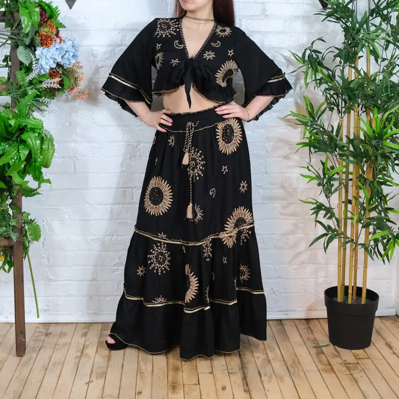 Women's 2-Piece Bohemian Retro Viscose Set - Flowy Embroidered Top with Adjustable Drawstring Ruffle Sleeves, Elastic Waist Tiered Celestial Maxi Fairy Skirt, Summer 90s Vibe Outfit with Plant Accents