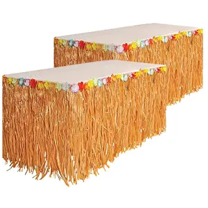 Luau Hawaiian Grass Table Skirt-2 Pack - 9 ft X 29 in - Real Hawaiian Island Party Decorations with Hibiscus Flowers, for Kids and Adult Birthdays, Polynesian Themed Events