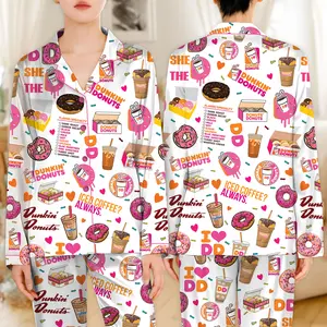 Coffee & Donut Lover Satin Pajama Set – Cute Sweet Treat Sleepwear for Women – Iced Coffee Themed PJs – Comfy Silky Loungewear Gift for Foodies & Cozy Nights