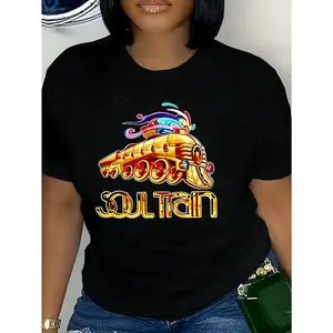 Soul Train Print Fashion Casual Short Sleeve Soft Elastic Polyester blend, short sleeve, round neck - perfect for spring/summer/fall - machine washable, seasonal chic | elastic Tee | comfortable fit Top Womenswear
