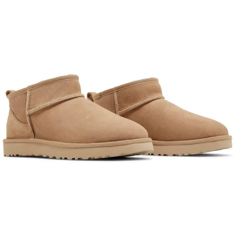 UGG Women's Classic Ultra Mini Solid Sheepskin Ankle Boots - Sand, Soft Sheepskin Interior, Stylish, Flexible Sole, True To Size, Cool Weather Walking, Casual Daily Wear Sports Footwear