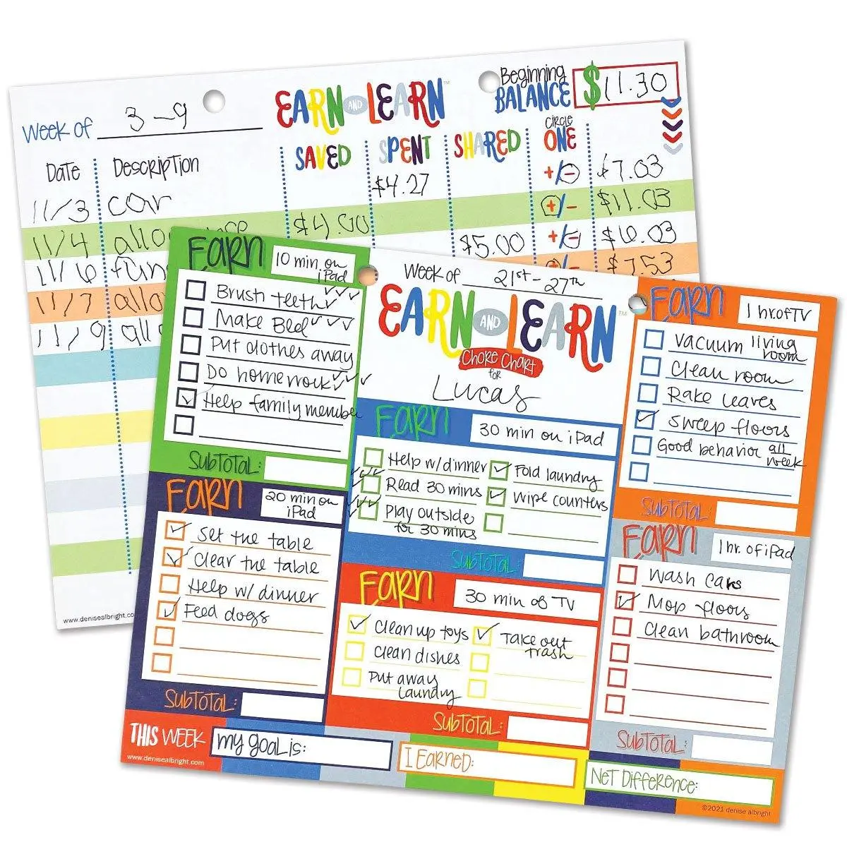 Earn & Learn® Kids Chore Gummed Pad - Office Stationery Notebook Learning Tool with Dry Erase Savings Tracker, Chore Chart, Colorful Boxes, Money Mgmt, Personalizable Tasks for School Kids (Bloomin'/Kickin')