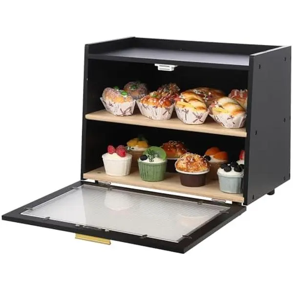GARVEE Large two-tiered bamboo bread box with viewing window – airtight bread box for kitchen countertop – vintage storage for bread, rolls & muffins – country style – color: black