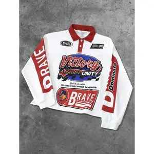 Unisex Racing Style Victory Pattern Long Sleeve Polo Shirt, Streetwear Hip Hop Culture Y2K Fashion, Men's Gift, Dance Trendy