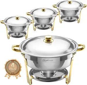 NEWKITCHEN Elegant Gold & Silver Buffet Stove 2/4-Piece Set 6 QT Round Hot Pot Stainless Steel Trays Cookware Stackable Sturdy for Any Party