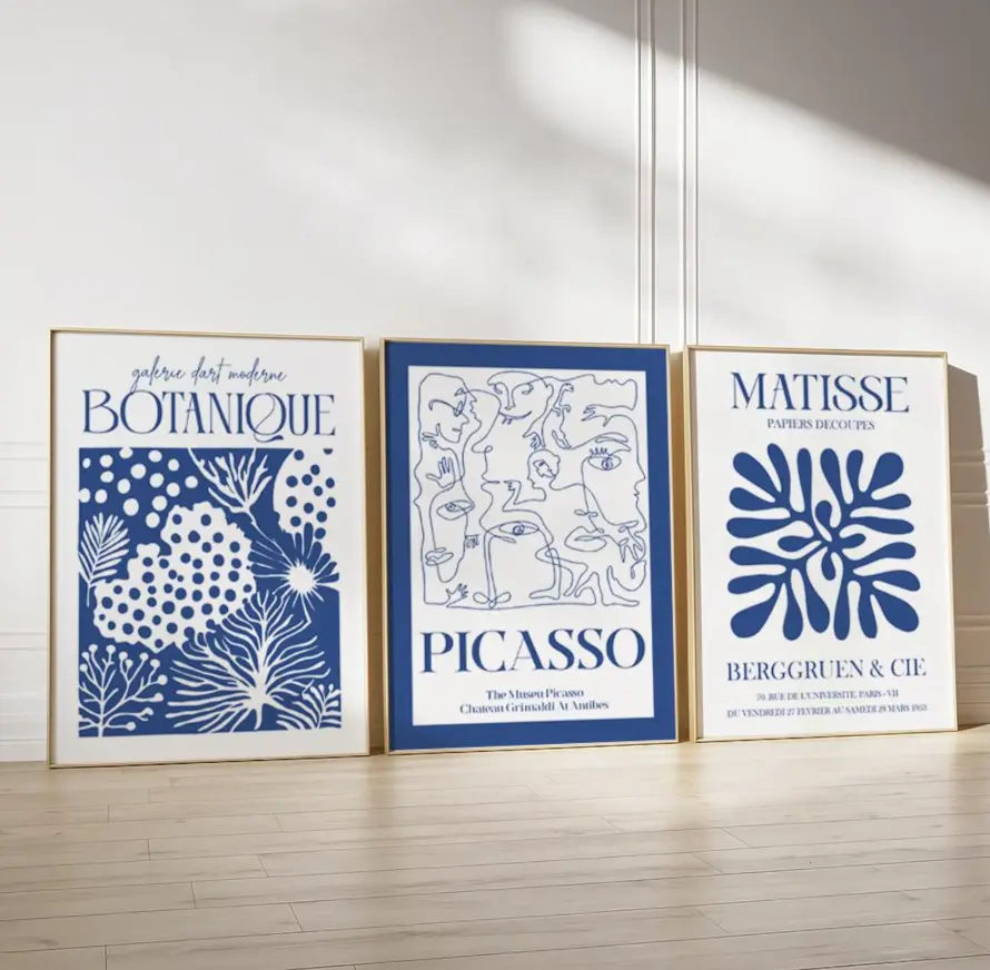 [25% OFF] [UNFRAMED]    Set of 3 Blue Matisse, Henry Matisse and Bauhaus Prints, Beige Wall Art Prints, Famous Artists Prints, Blue Wall Art Poster Prints