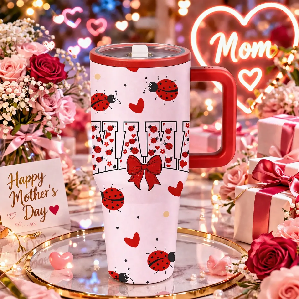 1 Pc 40oz Insulated Stainless Steel mug, double wall vacuum thermal mug, car cup holder friendly, large capacity tumbler, leak proof lid, keeps hot 12 hours cold 24 hours, ladybug heart design, Mother’s Day present, travel mug gift, Drinkware