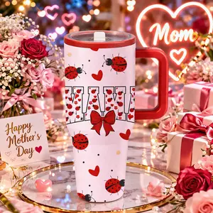 1 Pc 40oz Insulated Stainless Steel mug, double wall vacuum thermal mug, car cup holder friendly, large capacity tumbler, leak proof lid, keeps hot 12 hours cold 24 hours, ladybug heart design, Mother’s Day present, travel mug gift, Drinkware
