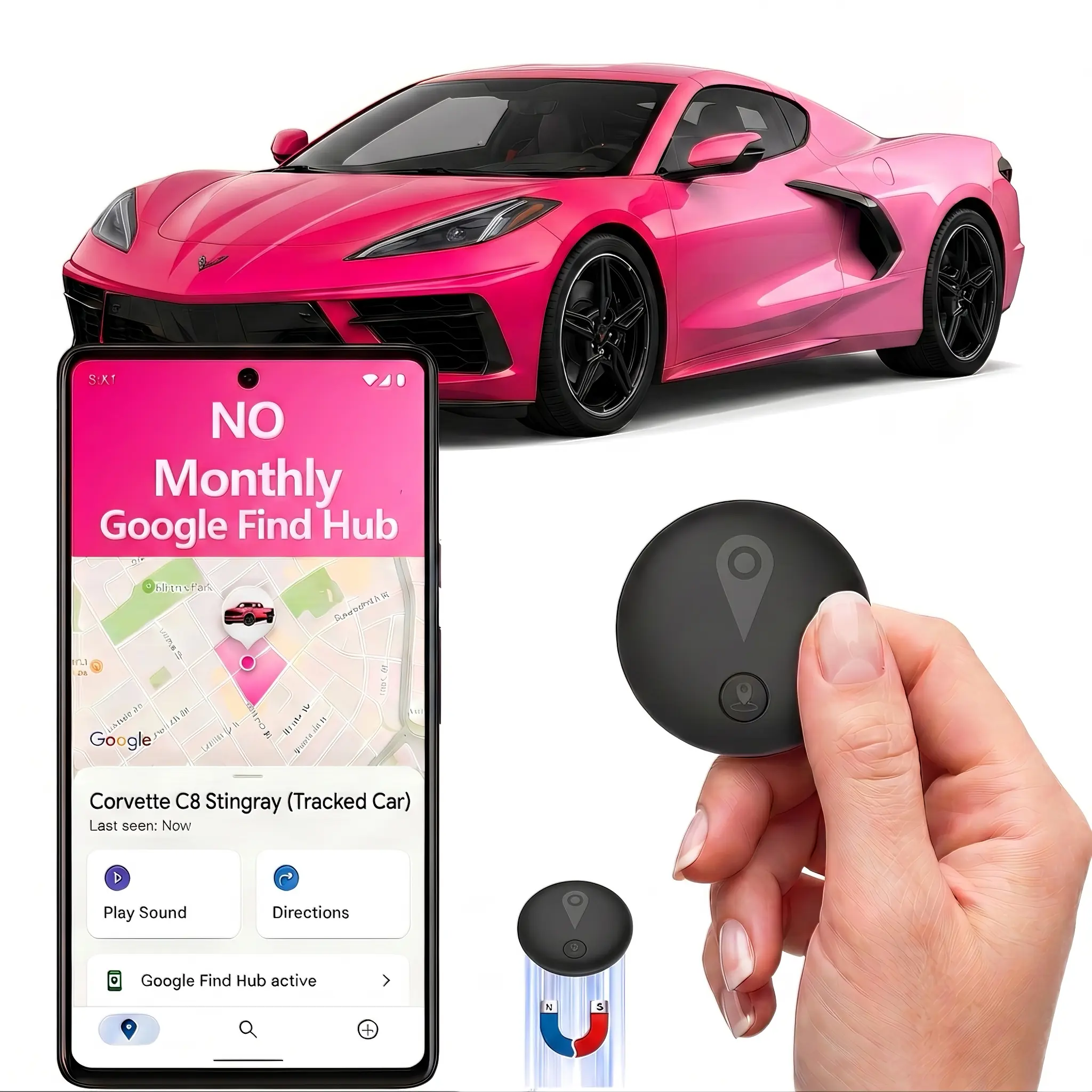 Car GPS Tracker - Built-in strong magnet, no subscription required, no monthly fees/no SIM card required, compatible with Android's “Find Hub” feature, global anti-theft device, covert GPS tracking device for cars and motorcycles