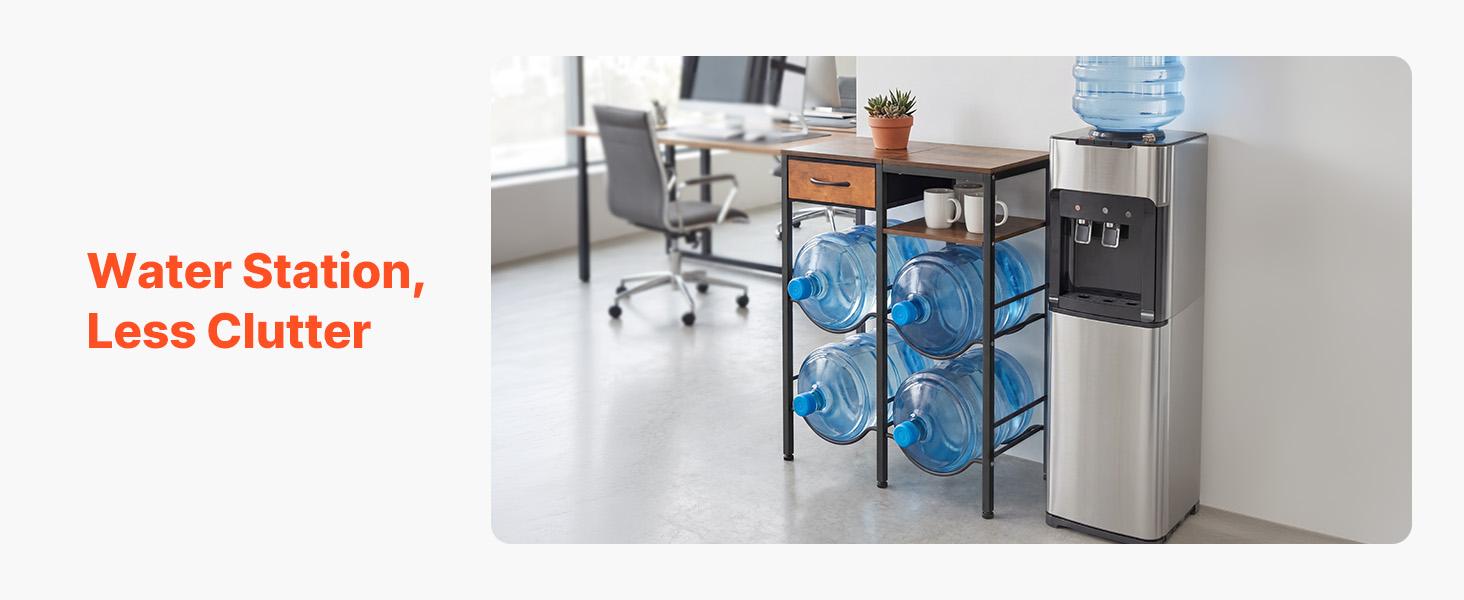 【summerfinds】VEVOR Water Jug Holder, 4 Tiers Double Rows 3 and 5 Gallon Water Bottle Holder for 4 Bottles, Heavy Duty Jug Rack Organizer with Storage Shelf and Drawer, for Kitchen, Living Room, Black and Brown
