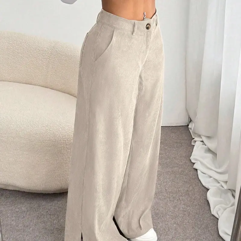 Elegant Casual Pure Color Corduroy Split Hem Straight Leg Pants for Women, Comfortable and Stylish Long Trousers, Perfect for Daily Wear, Wideleg