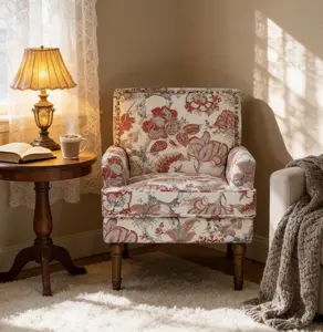 Accent Chair Floral Armchair with Nailhead Trim and Solid Wood Legs frame , Farmhouse Style Upholstered Slipper Chair & Side Chair with Traditional Print for Living Room Bedroom, Gold+Grey/Blue+White/Red+White
