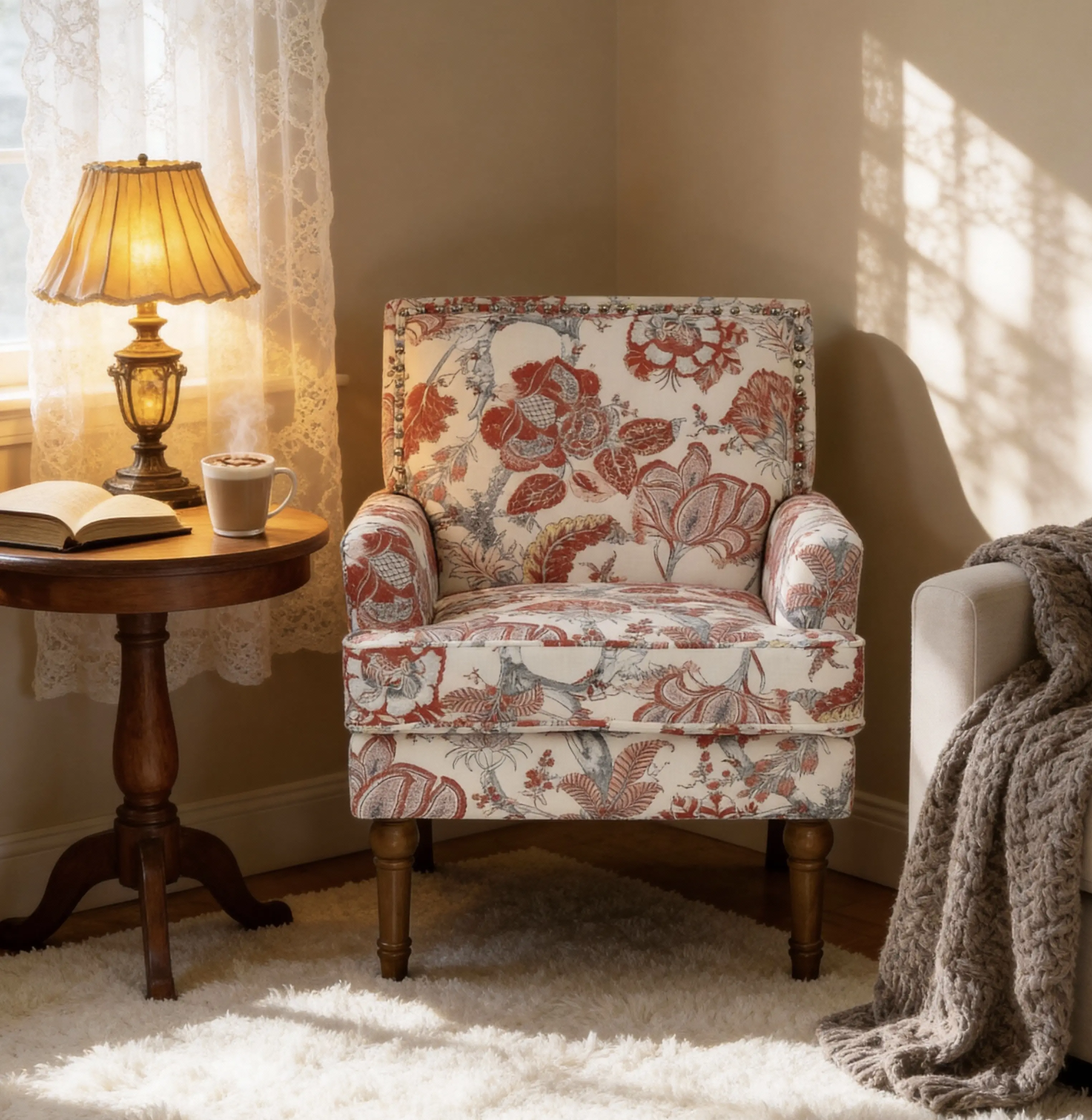 Accent Chair Floral Armchair with Nailhead Trim and Solid Wood Legs frame , Farmhouse Style Upholstered Slipper Chair & Side Chair with Traditional Print for Living Room Bedroom, Earthy Yellow+White/Blue+White/Red+White