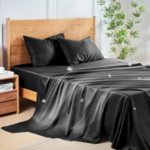 Queen Sheet, 4-Cooling, Rayon Derived from Bamboo  Polyester Blend,  Silky, 15" Deep Pockets with Elastic Straps, for Hot Sleepers, Black