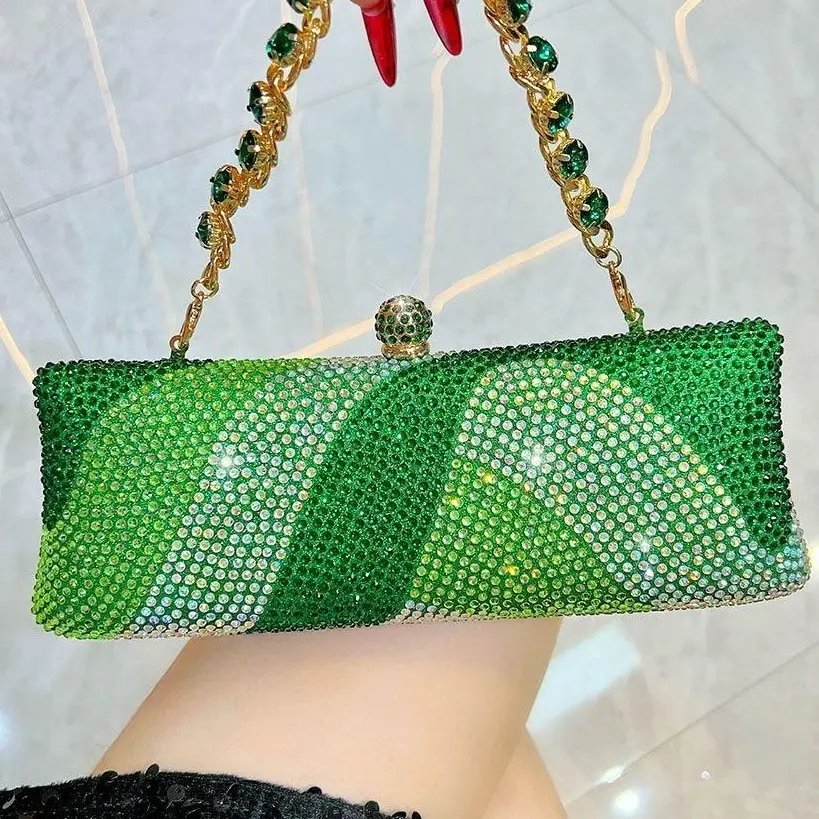 Luxury Emerald Green Rhinestone Evening Clutch – Crystal Covered Hard Shell Evening Bag with Jeweled Chain Strap