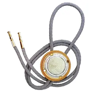 Yellow Needle Quartz 34mm Round Custom Gold Color Mesh Bolo Tie Cord Tip EPBT242