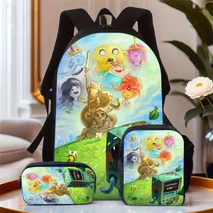 3-piece cute anime backpack set, featuring a laptop compartment and matching lunch box backpack - in soft colors (green, pink, blue, yellow, black, white), with adjustable shoulder straps, zipper closure, and polyester lining - suitable for teenagers and
