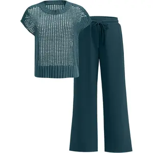 Crochet Sheer Knit Sweater Top Wide Leg Pants Lounge Matching Sets Sweatsuit Travel Clothes