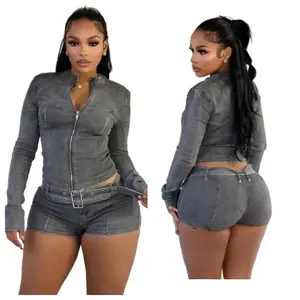 Women Set Spring Autumn Fashion Long Sleeved Stretch Denim Crop Jacket And Short Jeans Casual Two Piece Set Women Jacket Set Clothing Clothes