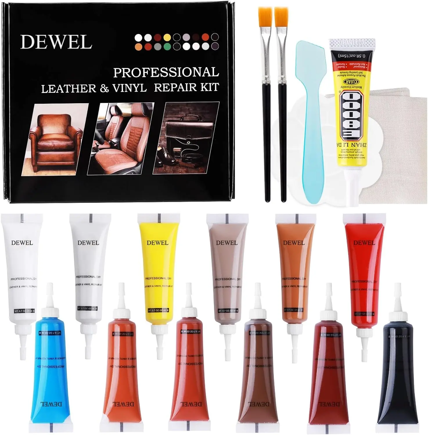 DEWEL Leather Repair Kit, Professional Vinyl Repair Kit for Furniture, Couches, Car Seat and Purse, 12 Colors Advanced Leather Repair Paste, Glue & Tools, Restore Leather Scratch, Tears, Burn Holes