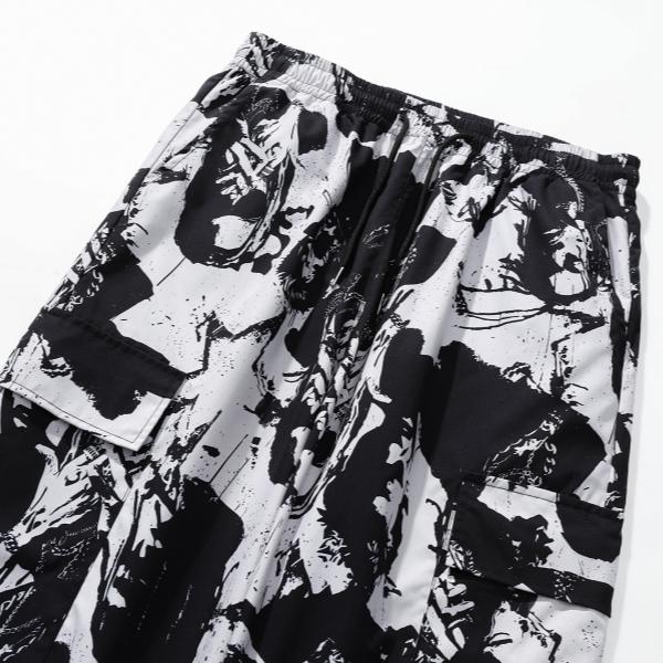 Artistic ink printing casual pants men's loose hanging high street pants black and white graffiti trend straight pants
