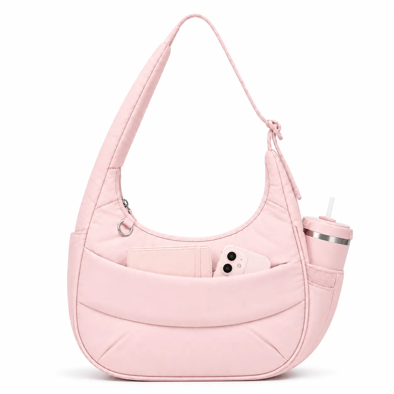 Five Seasons Home Women's Quilted Crescent Shoulder Bag, Soft Nylon Lightweight Casual Commuter Bag, Multi-Pocket Everyday Purse with Elastic Side Pocket for 475ml Cans & Water Bottles, Pink