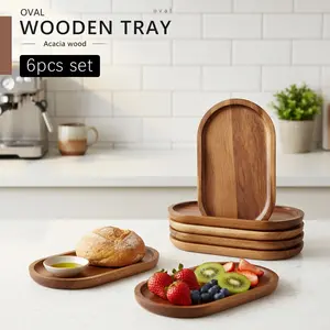 6pcs set Solid Durable Acacia Wood Oval Decorative Farmhouse Bathroom Vanity Organizer Modern Jewelry Display Catchall Serving Platter Dessert Saucer Small 7.48 in Set of 6 Snack Dish