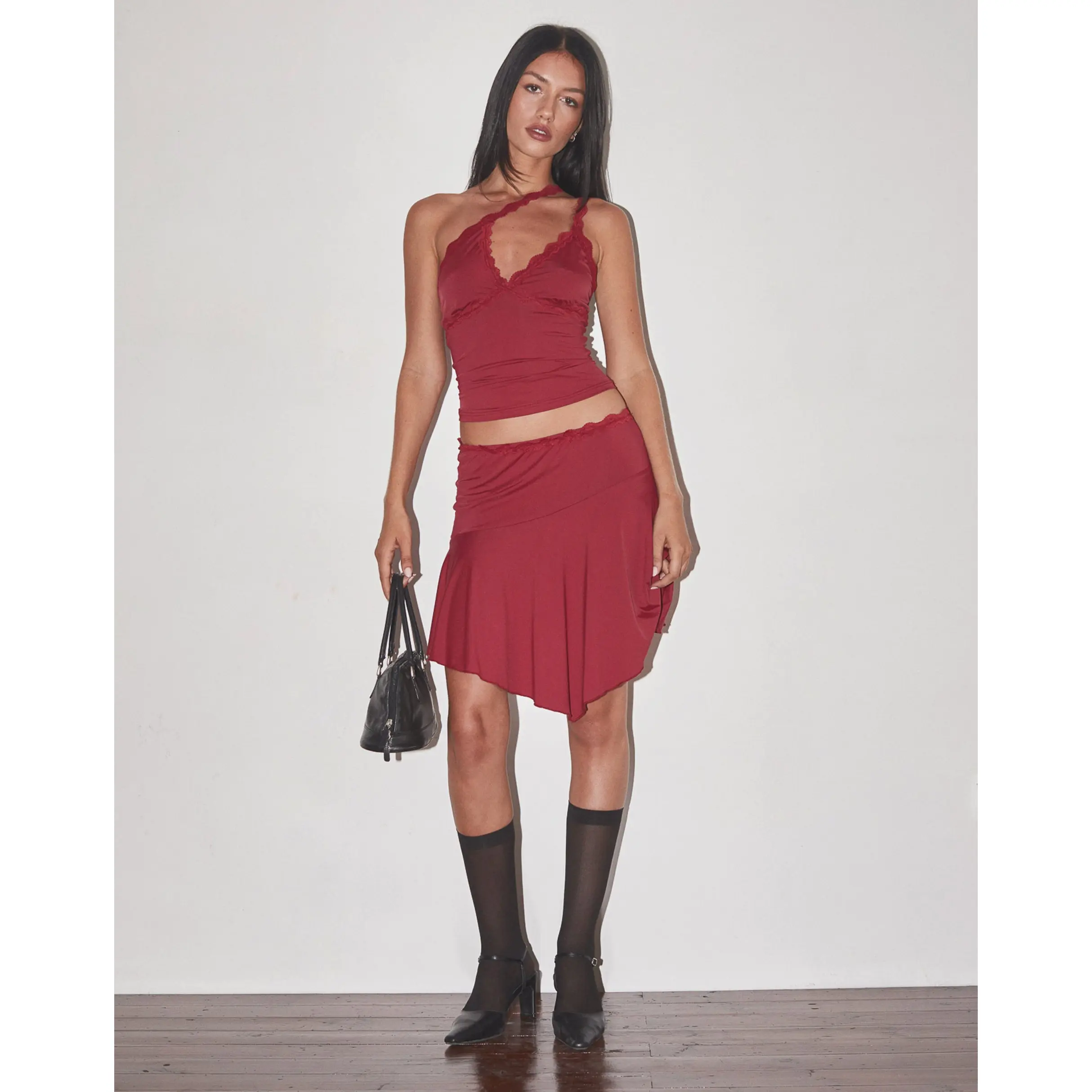 Lula Lace Trim Mini Skirt in Dark Cherry