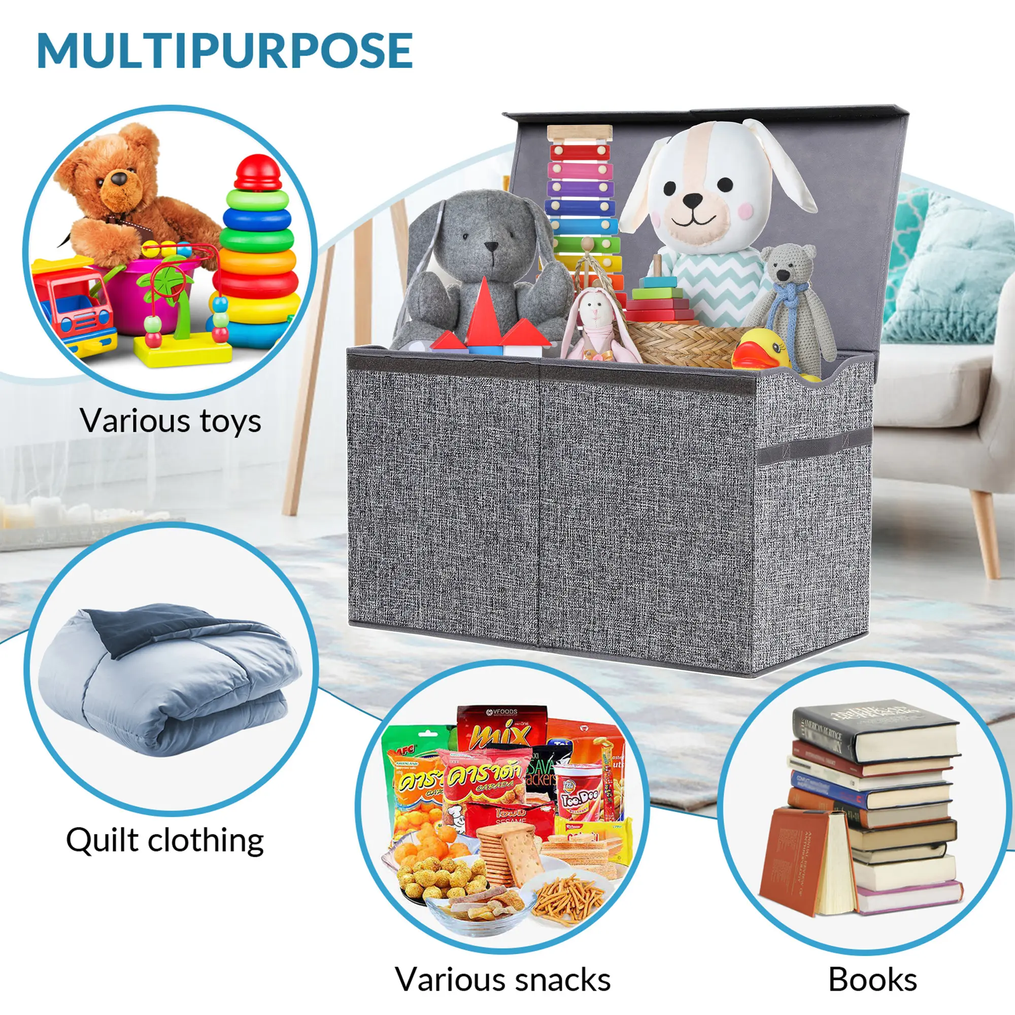 VICTORICH Extra Large 32gal Linen Classic Decorative Storage Bin with Lid, Collapsible Sturdy Organizer for Kids, Nursery Playroom, Home Office (26.8x13.8x16in) - Ideal for Toys, Laundry