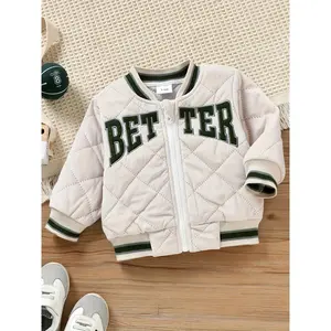 Baby's "BETTER" Patched Quilted Varsity Jacket, Preppy Style Outdoor Coat, Baby Boy's Clothing
