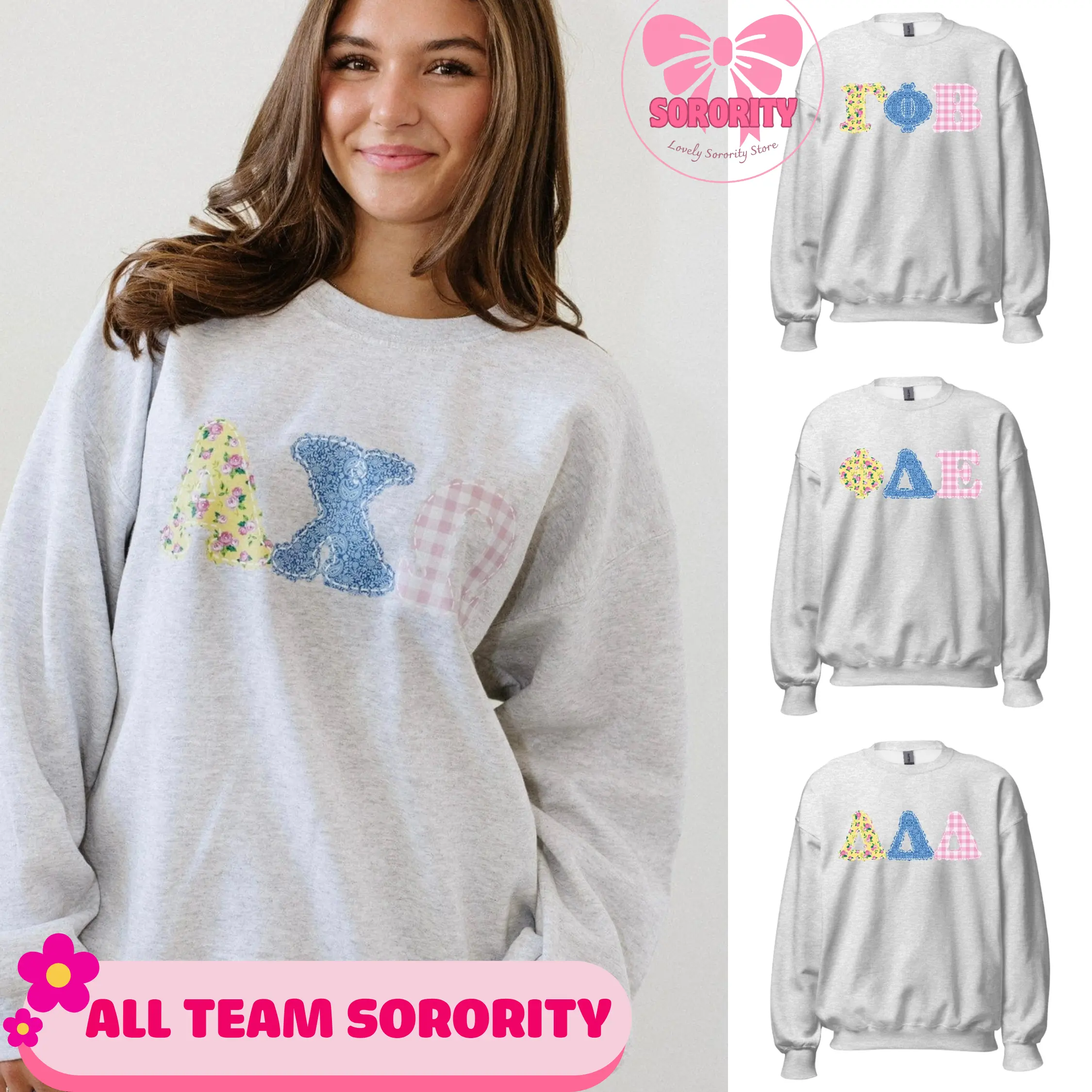 All Team Sorority Patchwork Crewneck, Ash Grey Sorority Sweatshirt, Sorority Apparel, Greek Letter University Apparel, Womenswear